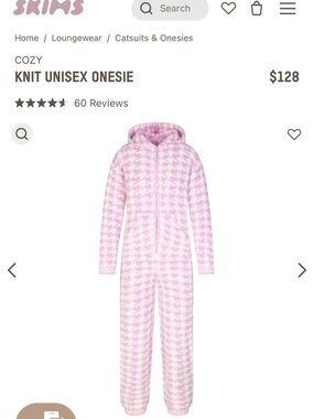 SKIMS Pink and White Plush Houndstooth Onesie Unisex